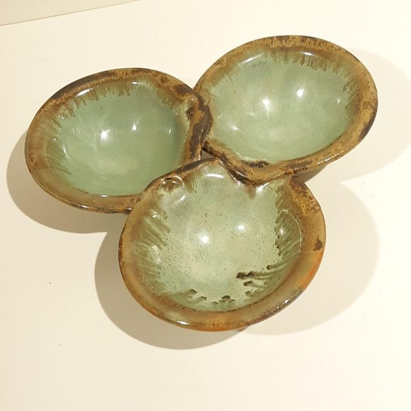 Unknown | Dining | Green Glazed Pottery Dish Triple Bowl Condiment St ...
